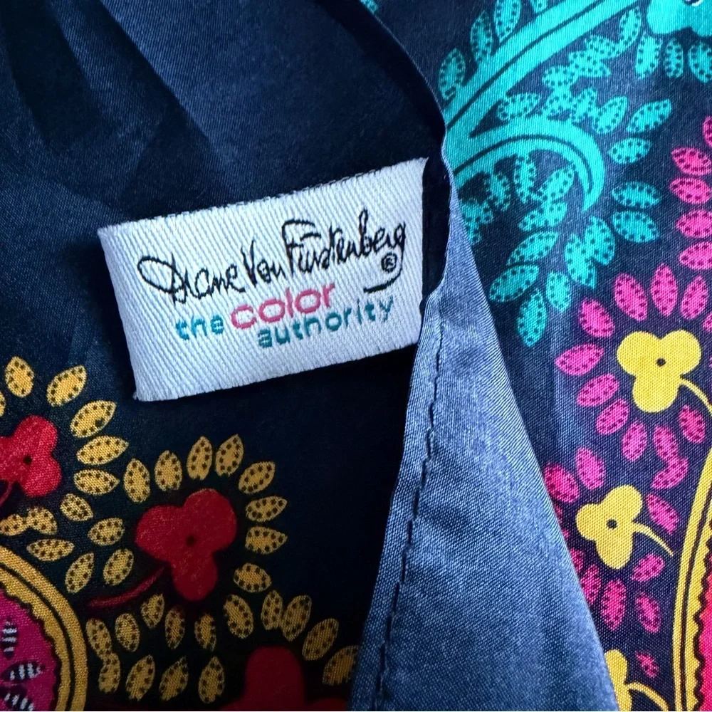 Diane von Furstenberg Silk Scarf Black Paisley Colorful Print 42”x42”